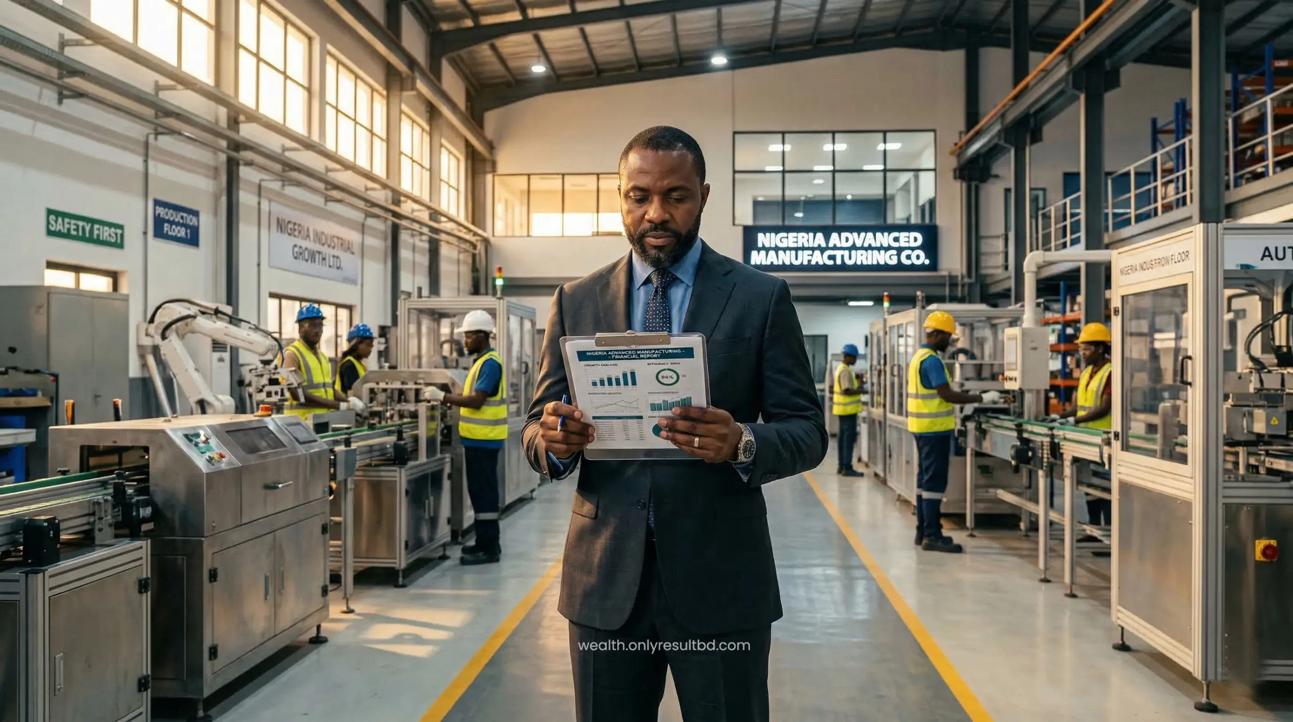 African business owner in a manufacturing facility reviewing documents.