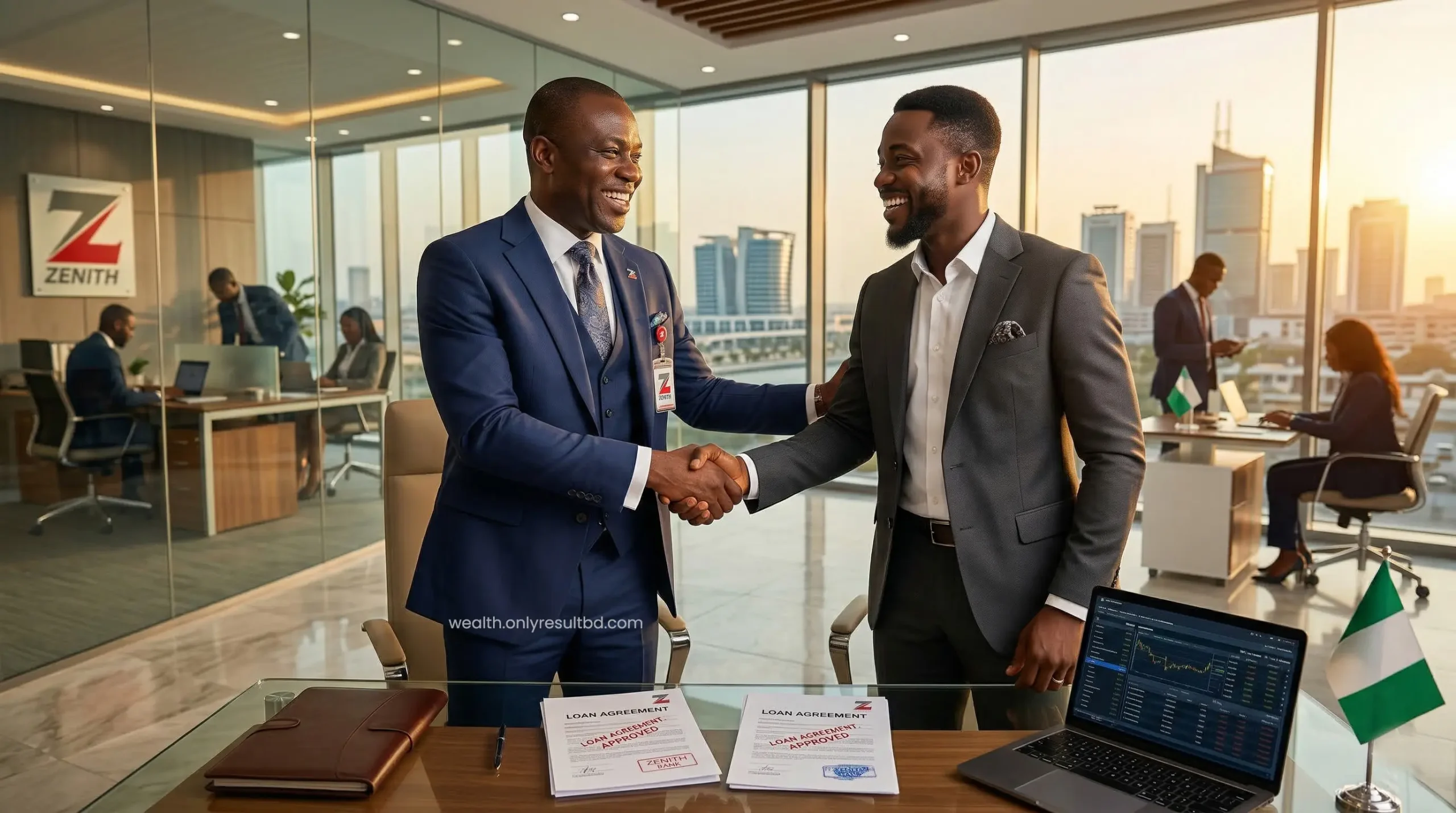 Two African corporate professionals shaking hands after loan approval.