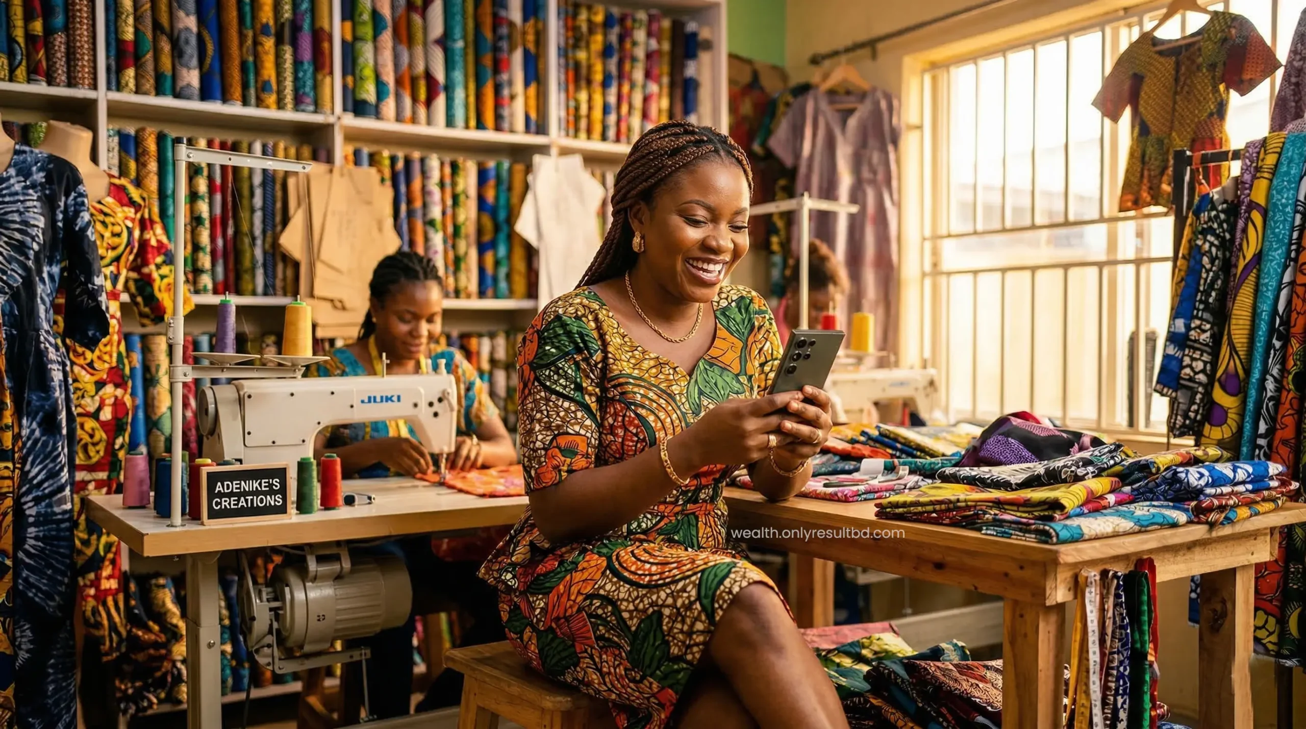 Joyful Nigerian tailor checking a bank payment alert.